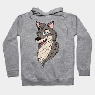 Expressive Grinning Mischievous Wolf Cartoon Head Hoodie